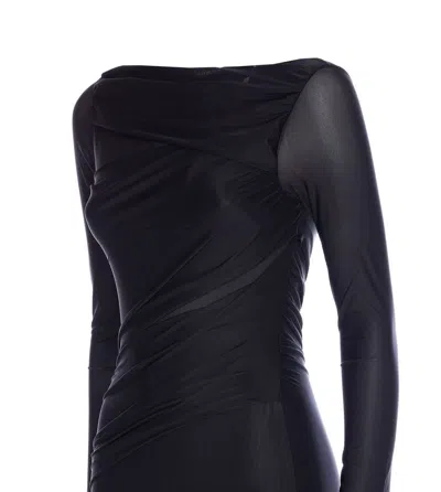 Pinko Black Long Dress With Ruffles And Boat Neckline In Tech Fabric Woman In Black