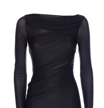 Pinko Black Long Dress With Ruffles And Boat Neckline In Tech Fabric Woman In Black
