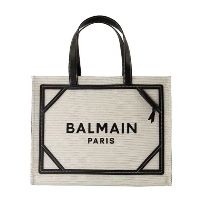 Balmain B-army Medium Shopper Tote Bag In Raffia And Leather In Beige