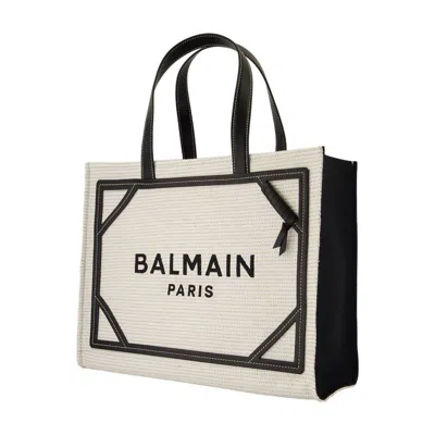Balmain B-army Medium Shopper Tote Bag In Raffia And Leather In Beige