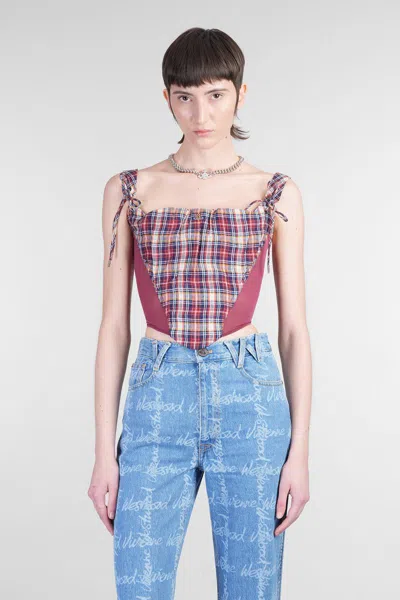 Vivienne Westwood Puppy Mesh-trimmed Checked Linen And Cotton-blend Bustier Top In Multicolor