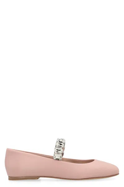 Casadei Leather Ballet Flats With Crystal Embellished Strap In Pink