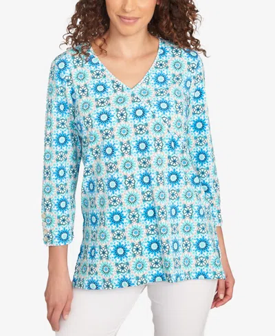 Ruby Rd. Petite Medallion Tile Floral Faux Surplice Top In Blue