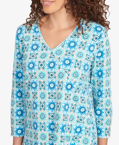 Ruby Rd. Petite Medallion Tile Floral Faux Surplice Top In Blue