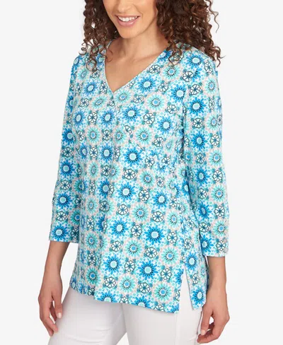Ruby Rd. Petite Medallion Tile Floral Faux Surplice Top In Blue