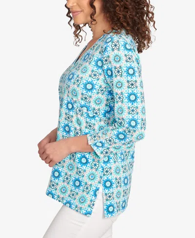 Ruby Rd. Petite Medallion Tile Floral Faux Surplice Top In Blue