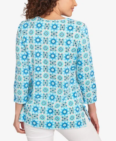 Ruby Rd. Petite Medallion Tile Floral Faux Surplice Top In Blue
