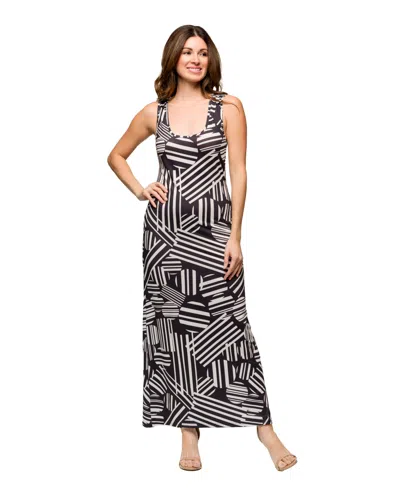 24seven Comfort Apparel Black And White Razorback Tank Casual Maxi Dress In Black Multi