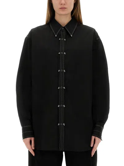 Lemaire Black Cotton Satin Embellished Metal Shirt In Black