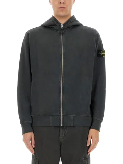 Stone Island Front Zip Closure Grey Zipper Hoodie In Military Green