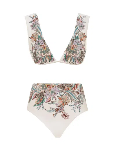 Zimmermann Rhiannon Wide Shoulder Bikini Set In Cream Multi Paisley In Multicolour
