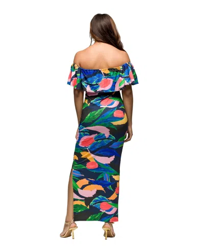 24seven Comfort Apparel Maternity Off Shoulder Multicolor Print Side Slit Maxi Dress In Multi