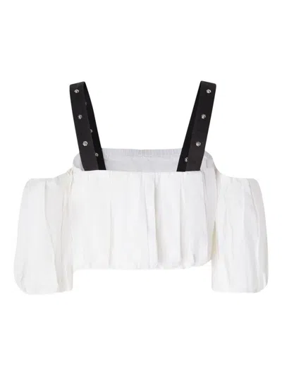 Pinko Cropped Beige Top With Puff Sleeves And Adjustable Straps In White