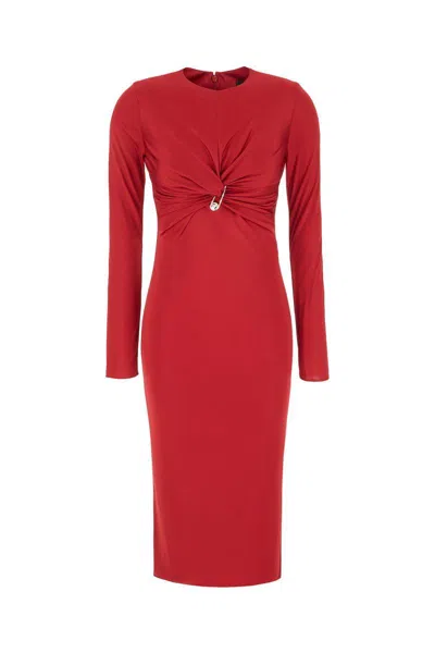 Versace Twisted Safety-pin Long-sleeve Jersey Midi Dress In Red