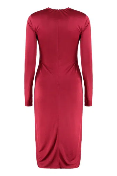 Versace Twisted Safety-pin Long-sleeve Jersey Midi Dress In Red