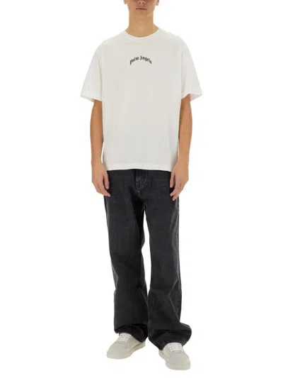 Palm Angels White Black Curved Logo T-shirt In White