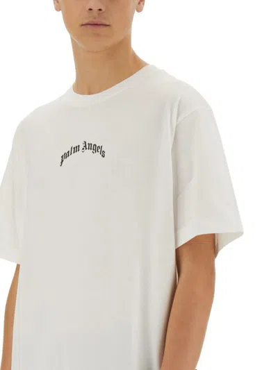 Palm Angels White Black Curved Logo T-shirt In White
