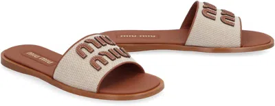 Miu Miu Beige Logo Sandals In Brown