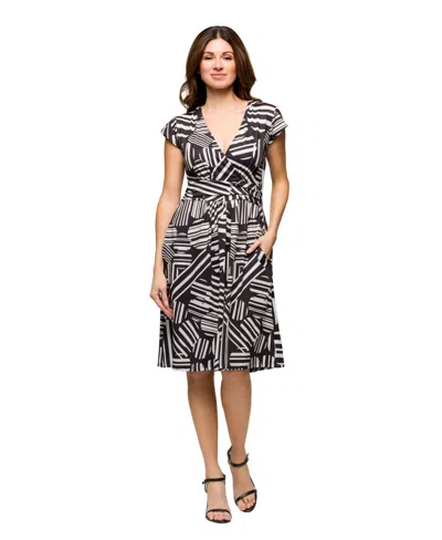 24seven Comfort Apparel Cap Sleeve Black And White V-neck Knee Length Pocket Dress In Black