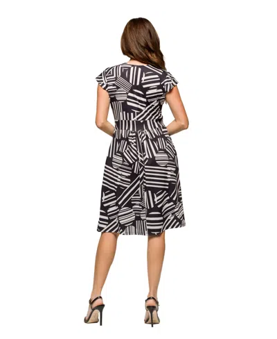 24seven Comfort Apparel Cap Sleeve Black And White V-neck Knee Length Pocket Dress In Black