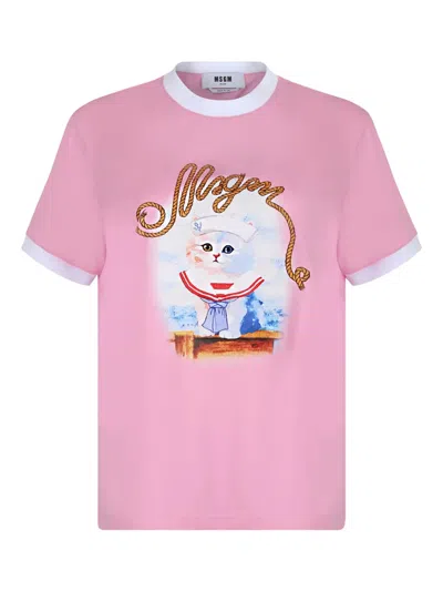 Msgm "sailor Kitten" Print T-shirt In Pink