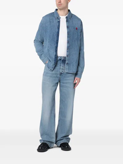 Ami Alexandre Mattiussi Embroidered Denim Shirt In Blue