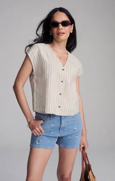 Mavi V-neck Short Sleeve Button Shirt In Black Stripe In Beige