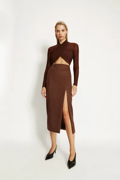 Bardot Dante Vegan Suede Midi Skirt In Chocolate