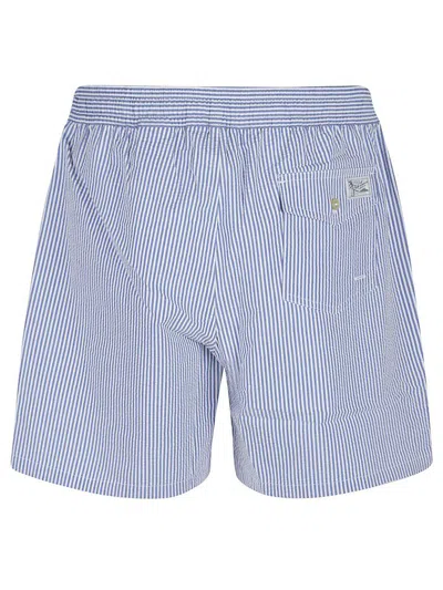 Polo Ralph Lauren Traveler Straight-leg Mid-length Striped Cotton-blend Seersucker Swim Shorts In Blue
