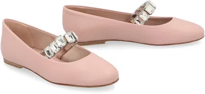 Casadei Leather Ballet Flats With Crystal Embellished Strap In Pink