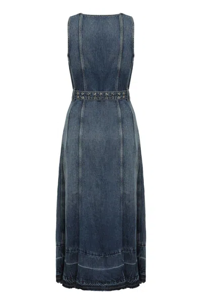 Ganni Blue Light Denim Belt Midi Dress In Navy