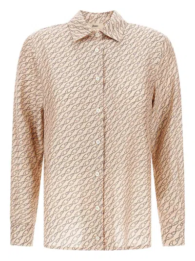 Herno Camel Mulberry Silk Shirt With Unique Hook Print In Brown
