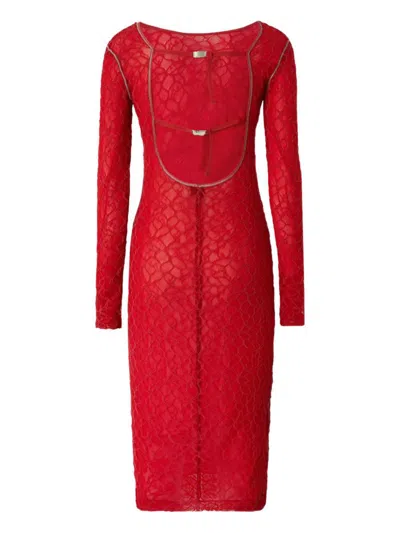 Pinko Slim-fitting Lace Dress With Open Back In Red