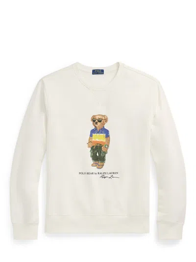 Polo Ralph Lauren White Cotton Blend Polo Bear Sweatshirt In Bianco Panna