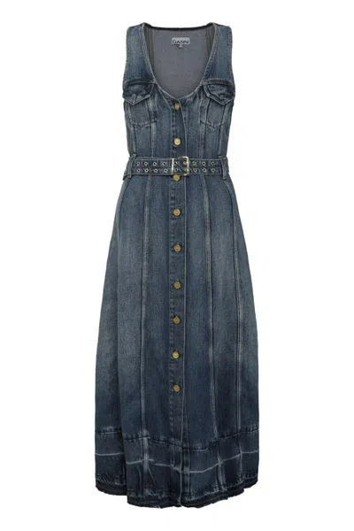 Ganni Blue Light Denim Belt Midi Dress In Navy