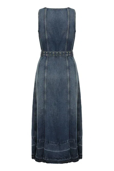 Ganni Blue Light Denim Belt Midi Dress In Navy