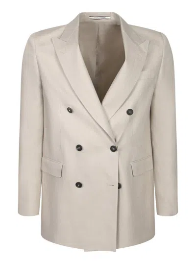 Tagliatore Double-breasted Beige Linen Jacket With Flap Pockets In Beige