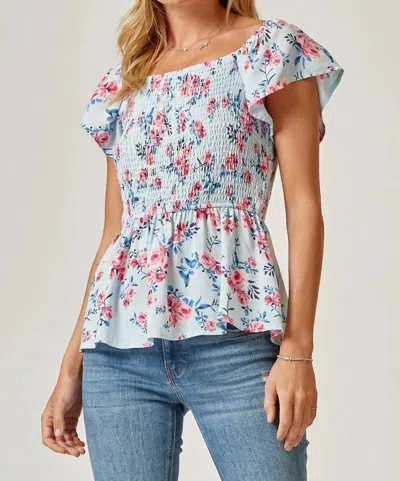 Andree By Unit Ditsy Floral Smocked Top In Light Blue In Blue