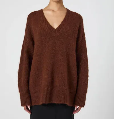 French Connection Fluffy V Neck Oversized Sweater In Chocolate In Brown