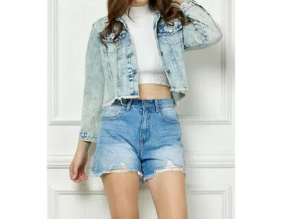 Veveret Stripe Rhinestone Distressed Denim Jacket In Light Wash In Blue