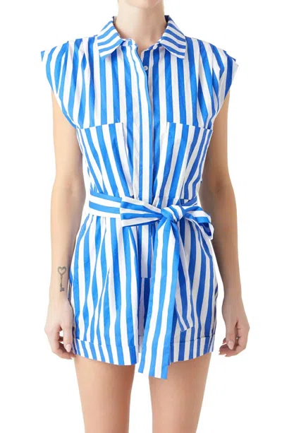 Grey Lab Striped Pintuck Tie Belt Romper In Blue In Blue