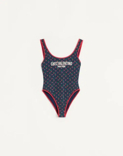 Valentino Garavani Lycra Swimsuit With Cherryfic Print In Blue