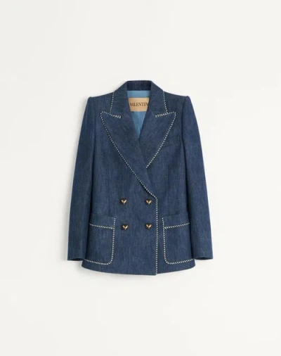 Valentino Double-breasted Chambray Blazer In Blue