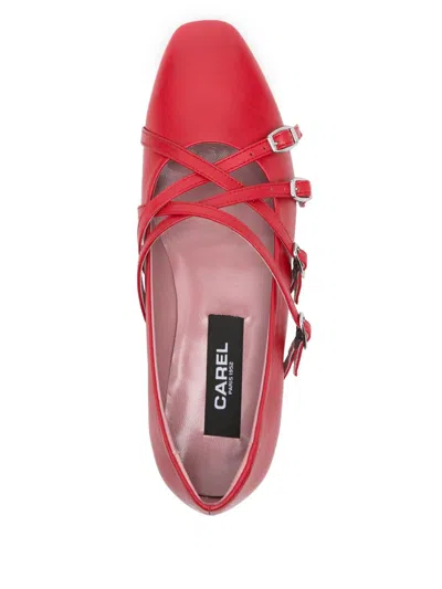 Carel Paris Square Toe Leather Ballet Flats With Cross Straps In Red