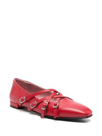 Carel Paris Square Toe Leather Ballet Flats With Cross Straps In Red