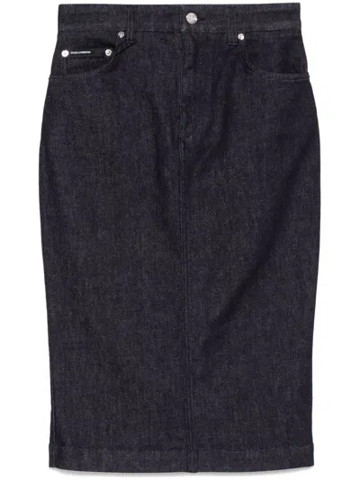 Dolce & Gabbana Navy Stretch Five Pocket Pencil Denim Midi Skirt In Blue