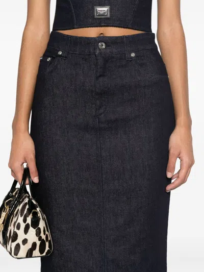 Dolce & Gabbana Navy Stretch Five Pocket Pencil Denim Midi Skirt In Blue