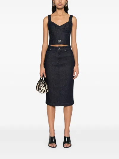 Dolce & Gabbana Navy Stretch Five Pocket Pencil Denim Midi Skirt In Blue