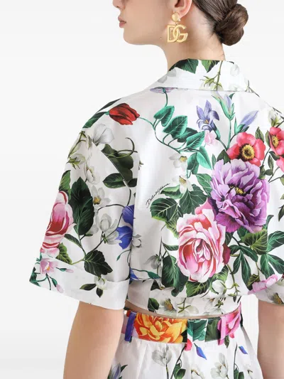Dolce & Gabbana Multicolor Crop Shirt With All-over Floral Motif And Logo Lettering Detail On The Front In Cotton Wo In White