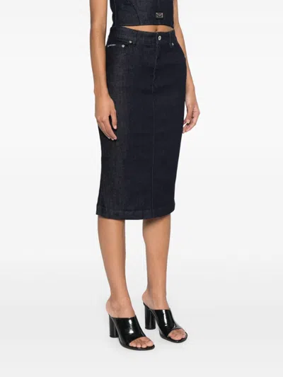 Dolce & Gabbana Navy Stretch Five Pocket Pencil Denim Midi Skirt In Blue